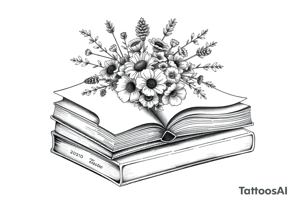 stack of 3 vintage books top book open with bouquet of different kinds of wild 
flowers coming out of it tattoo idea