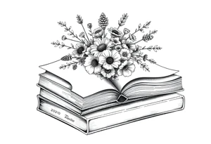 stack of 3 vintage books top book open with bouquet of different kinds of wild 
flowers coming out of it tattoo idea