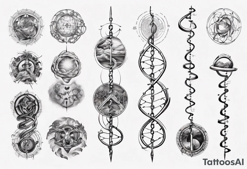 Create a tattoo sketch that visually represents my life journey and the evolution of mindfulness. Consider life as a DNA chain, where each link symbolizes key moments of my development and consciousness. Allow the images to change and transform, reflecting the evolution of my perception and self-understanding over time tattoo idea