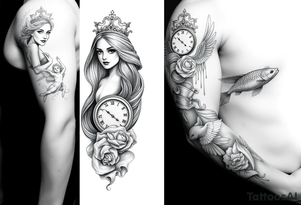 Princess and beautifully lady and a clock and cupido angels an jesus on cross and carp fish tattoo idea