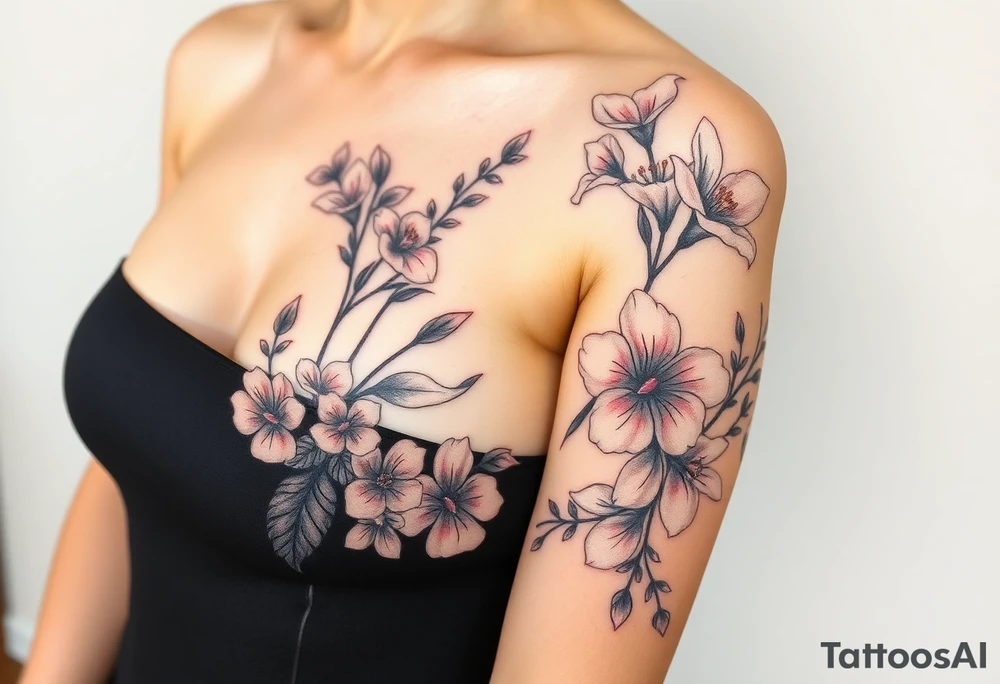This is a Japanese themed tattoo of a string of flowers in bloom on a woman. It starts on her left side of the chest on the pectoral above the nipple with a Glaiolus and Daisy pushed together. The tattoo rises over the left shoulder and down the arm and ends at the elbow. The tattoo will feature a primroses, Calla Lilys, and Lillys. They can have multiple flowers but 1 of each will pop with shading and be colored in. tattoo idea