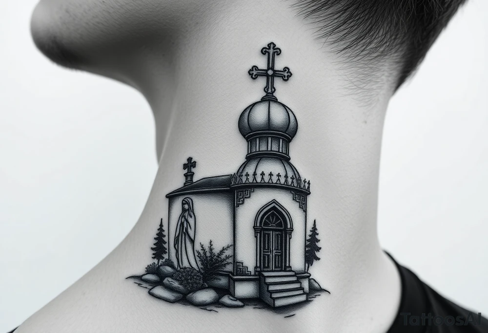 russian design traditional christian orthodox cross with a virgin mary stood beside the entrance of a russian orthodox dome church on the side of the neck in a wilderness setting with the design spread out the side of the neck tattoo idea