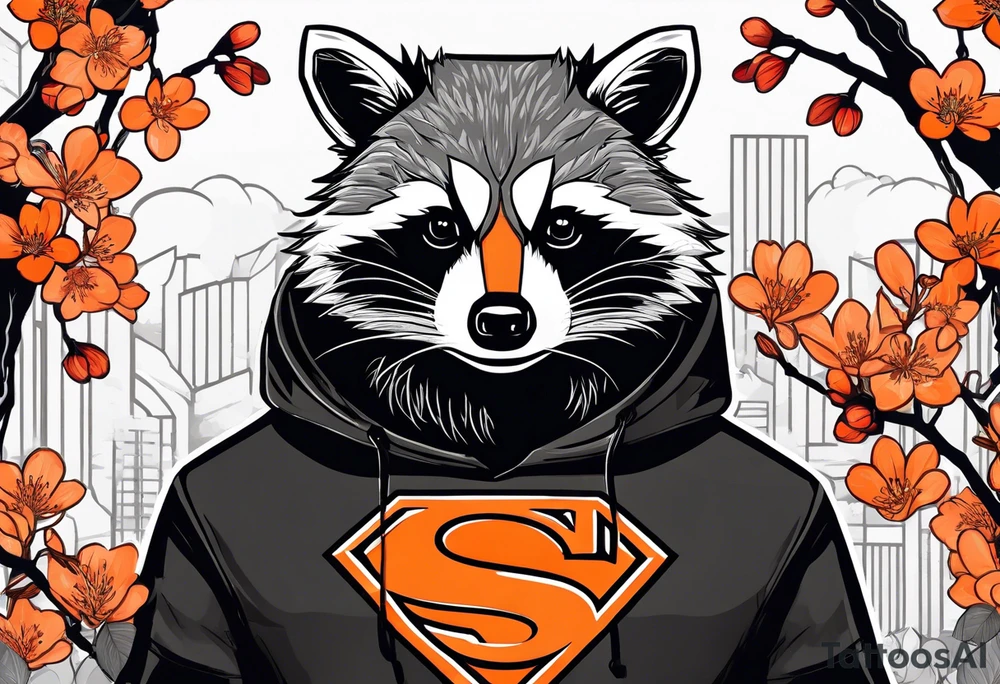 Raccoon wearing a white Superman logo on a black hoodie and orange Japanese cherry blossoms beside tattoo idea