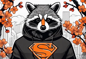 Raccoon wearing a white Superman logo on a black hoodie and orange Japanese cherry blossoms beside tattoo idea