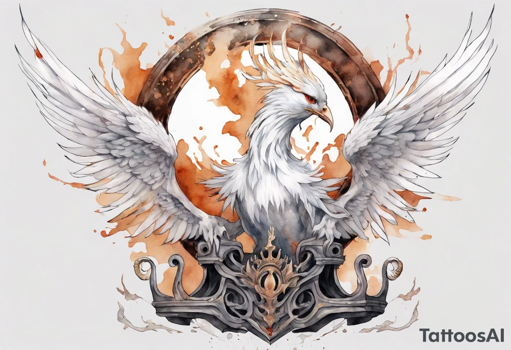 a white phoenix wearing rusted iron crown, perched on a throne tattoo idea