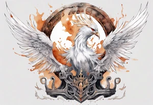 a white phoenix wearing rusted iron crown, perched on a throne tattoo idea