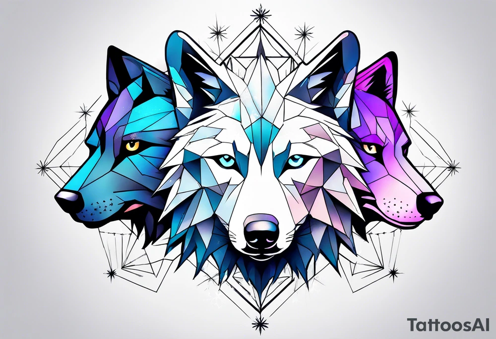 Constellation, two animal wolf, géométric, snowflake tattoo idea