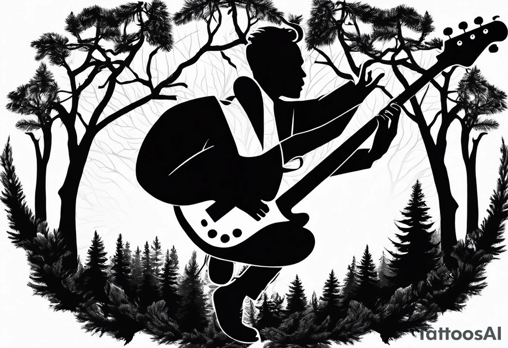 silhouette of a man playing electric guitar while sitting in a pine tree. tattoo idea