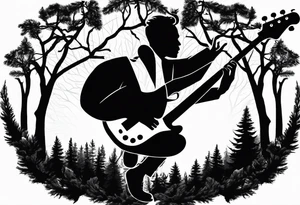 silhouette of a man playing electric guitar while sitting in a pine tree. tattoo idea