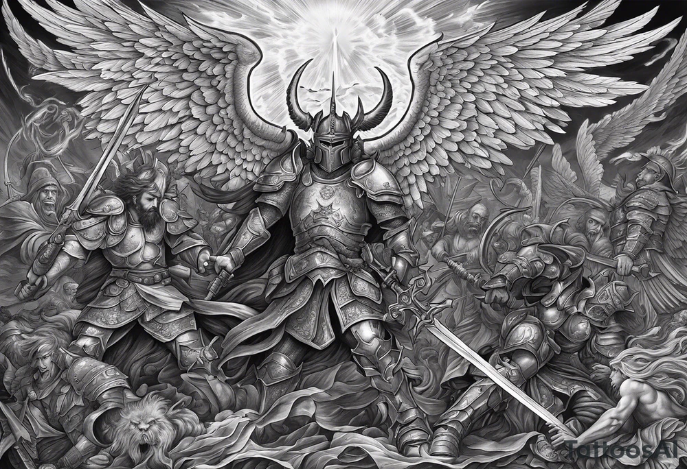 Angels fighting demons on a battlefield that is half hell half heaven.

Powerful demon commander faces a powerful angel commander in the centre of the battle both wearing full armour and using oversized godly weapons.

Angels fighting demons everywhere , limbs , blood, death, war. tattoo idea