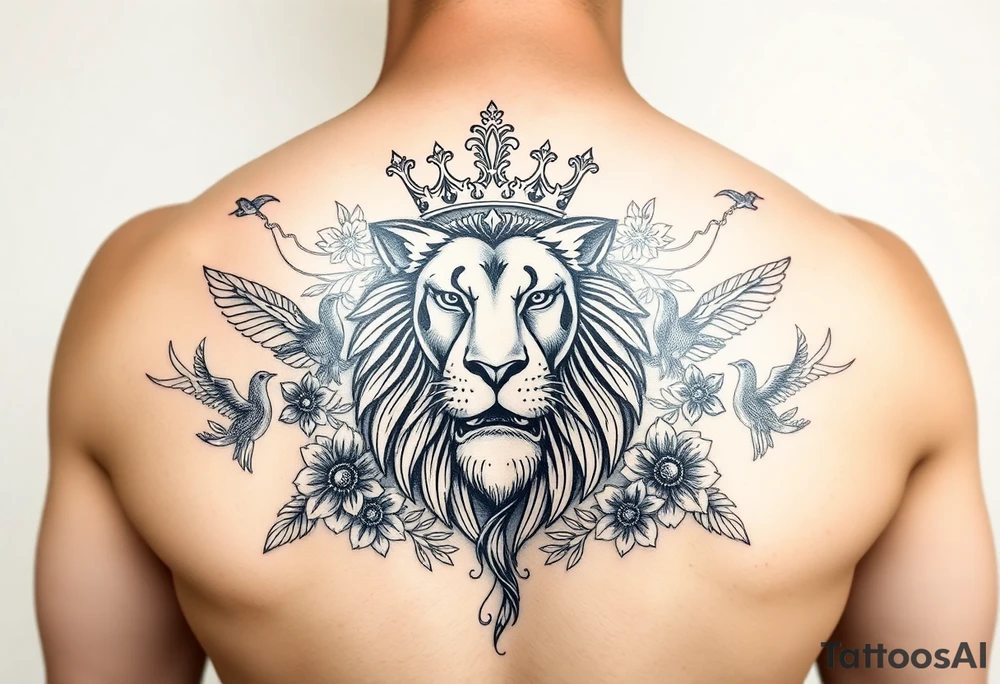 powerful majestic lion with a crown, surrounded by floral ornaments and birds tattoo idea
