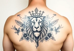 powerful majestic lion with a crown, surrounded by floral ornaments and birds tattoo idea