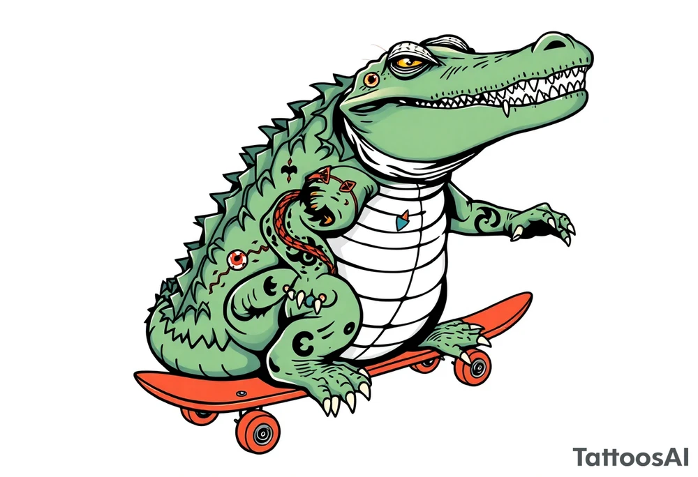 crocodile riding a skateboard with piercings and tattoos tattoo idea