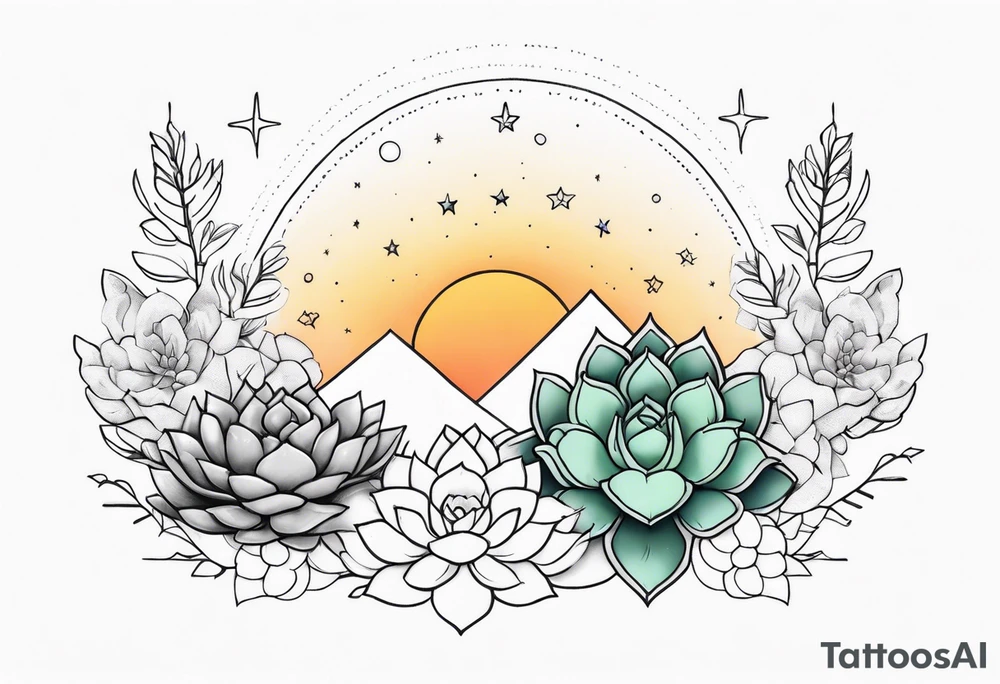 fine line with sun, stars, floral, dots, three succulents
. Sternum tattoo grey scale shading tattoo idea