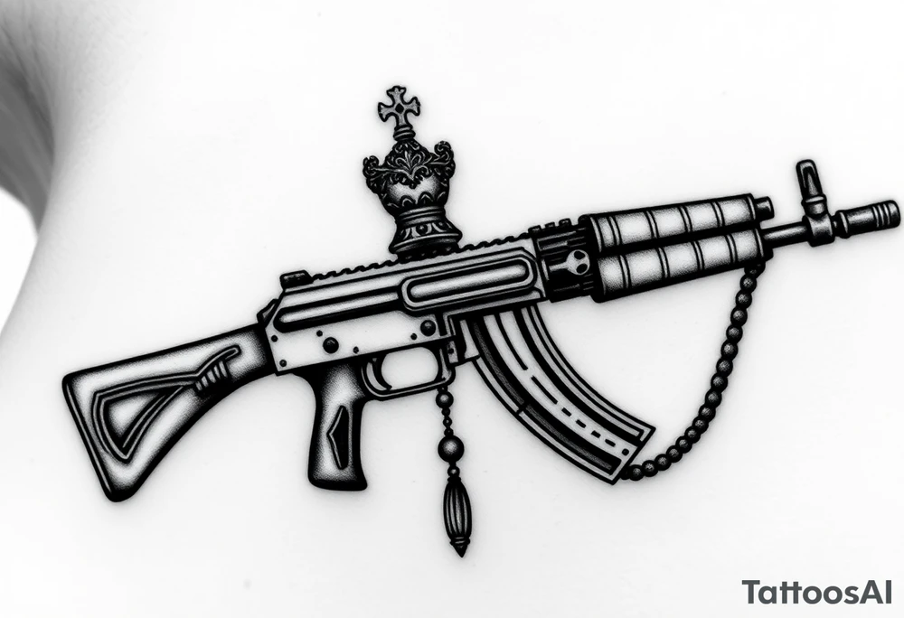 russian christian orthodox but in a AK47 style with a beaded orthodox thurible chain tattoo idea
