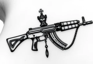 russian christian orthodox but in a AK47 style with a beaded orthodox thurible chain tattoo idea