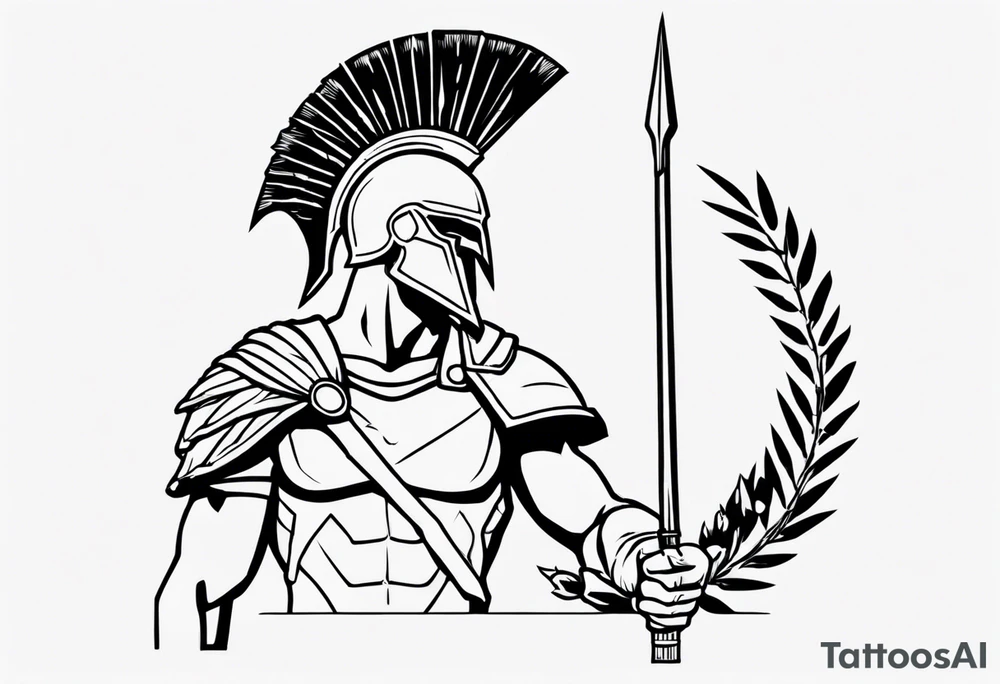 rectangular landscape format ultra-fine line linework vector of a spartan from the side, spartan spear, spartan shield, laurel wreath tattoo idea