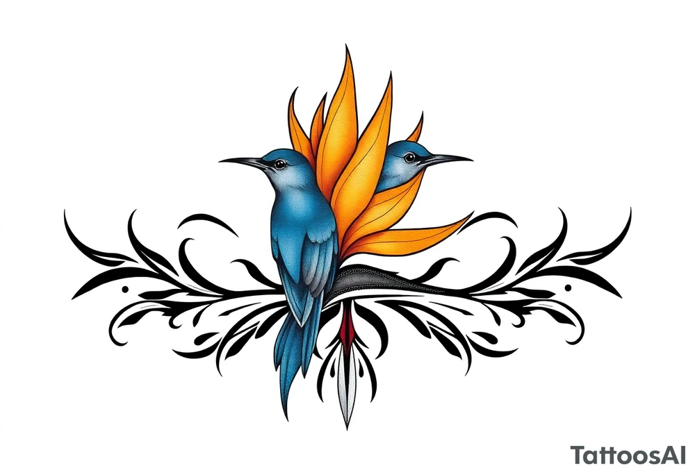 Bird of paradise flower with blue bird tattoo idea