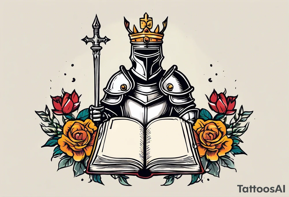 knight in armor traditonal vintage tattoo crown colorful with flowers and a bible tattoo idea