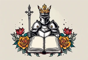 knight in armor traditonal vintage tattoo crown colorful with flowers and a bible tattoo idea