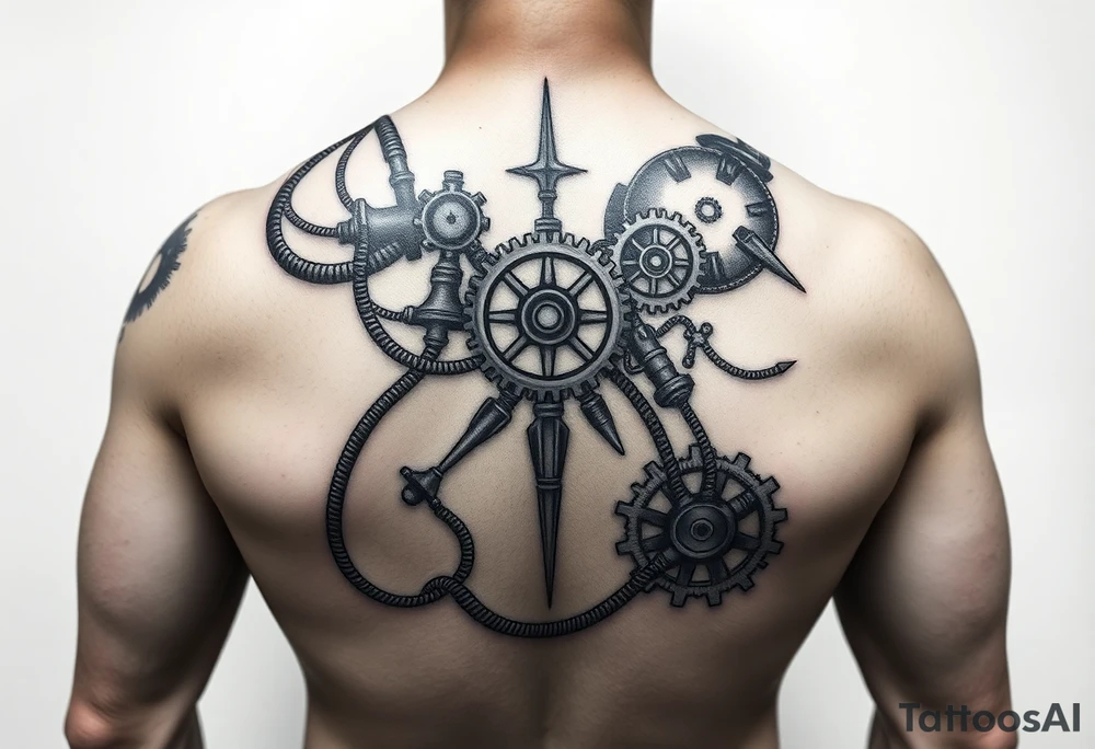 Create a full back tattoo.

I’d like the new elements to be in a different style than Polynesian, but still visually cohesive so they complement the existing tattoos rather than clash with them. Maybe steampunk, pipes, cords, cogwheels and mechanical elements tattoo idea