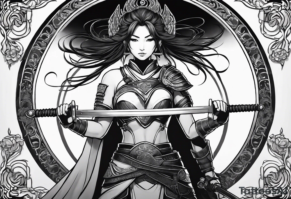 3 female warriors in full body armor wielding dual swords, facing away, in front of a incomplete enso circle tattoo idea