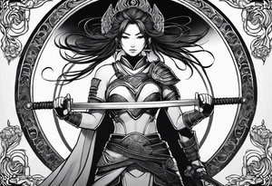 3 female warriors in full body armor wielding dual swords, facing away, in front of a incomplete enso circle tattoo idea