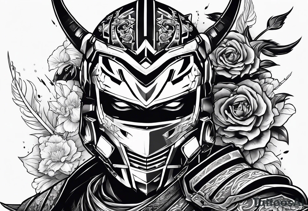Angry Male Modern robot ninja with demon mask with swords in hands tattoo idea