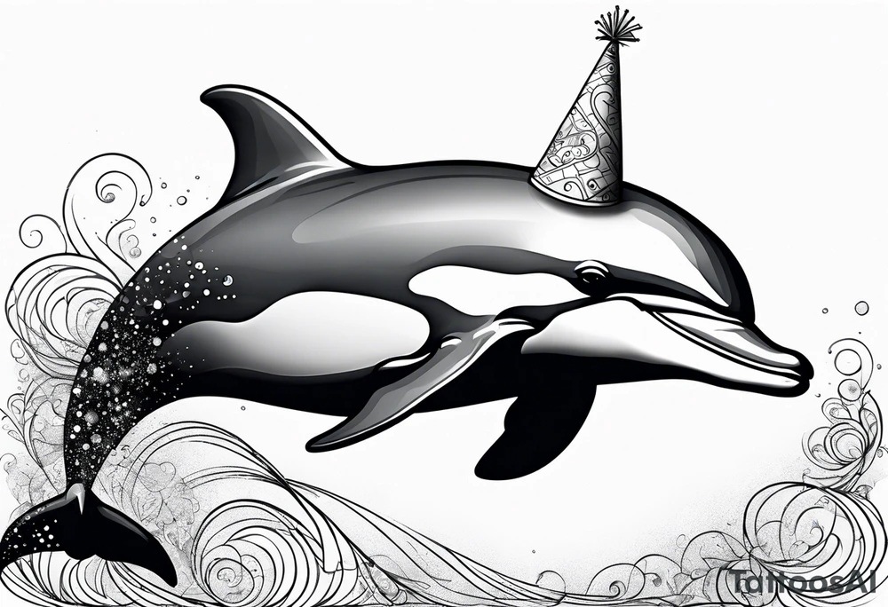 One dolphin wearing a party hat on top. Side view. Dolphin should be smiling. tattoo idea