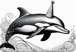 One dolphin wearing a party hat on top. Side view. Dolphin should be smiling. tattoo idea