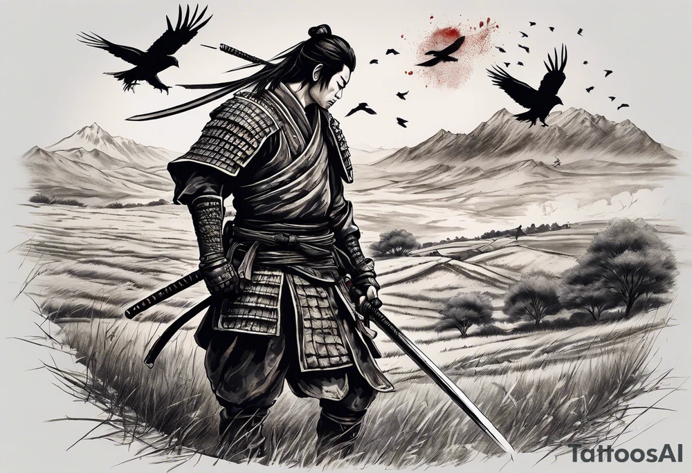 A tired samurai wounded from battle holding his helmet in one hand and in the other hand his sword with a mixture of blood and dirt, wearing his dirty armour he is steeping above some body's from the battle in open field and looking vaguely ylto the horizon while crows are flyting above him and the corpses tattoo idea