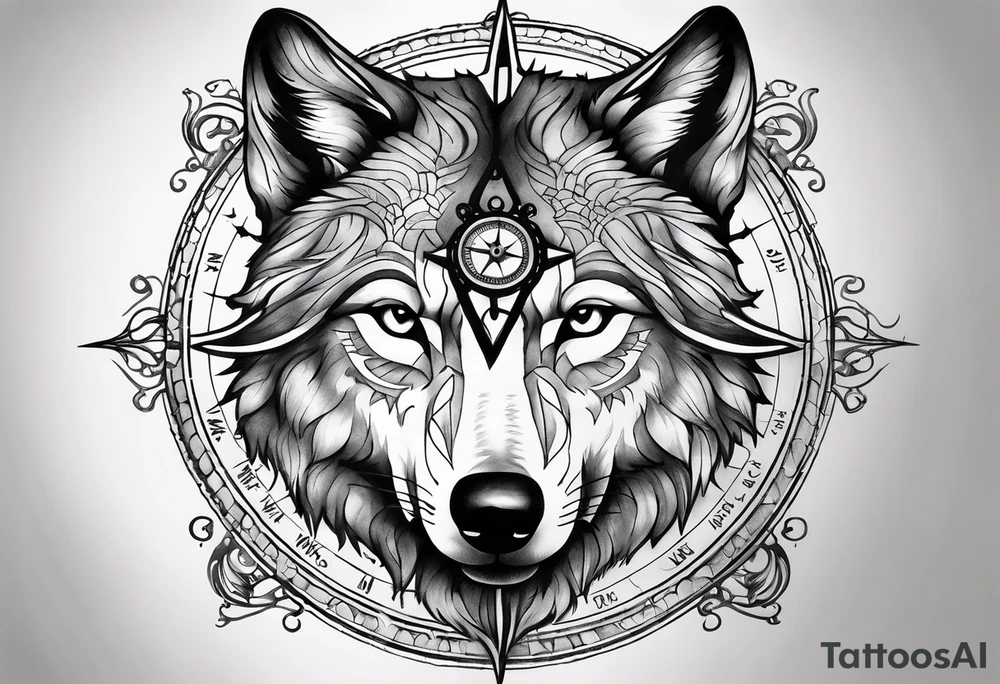 Wolf face with compass and my daughters name Madison tattoo idea
