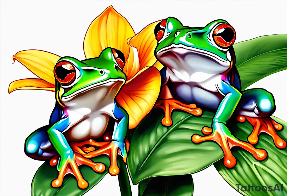 2 Red-eye tree frogs sitting on a flower tattoo idea
