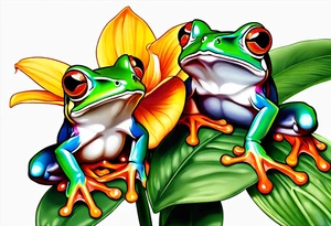 2 Red-eye tree frogs sitting on a flower tattoo idea