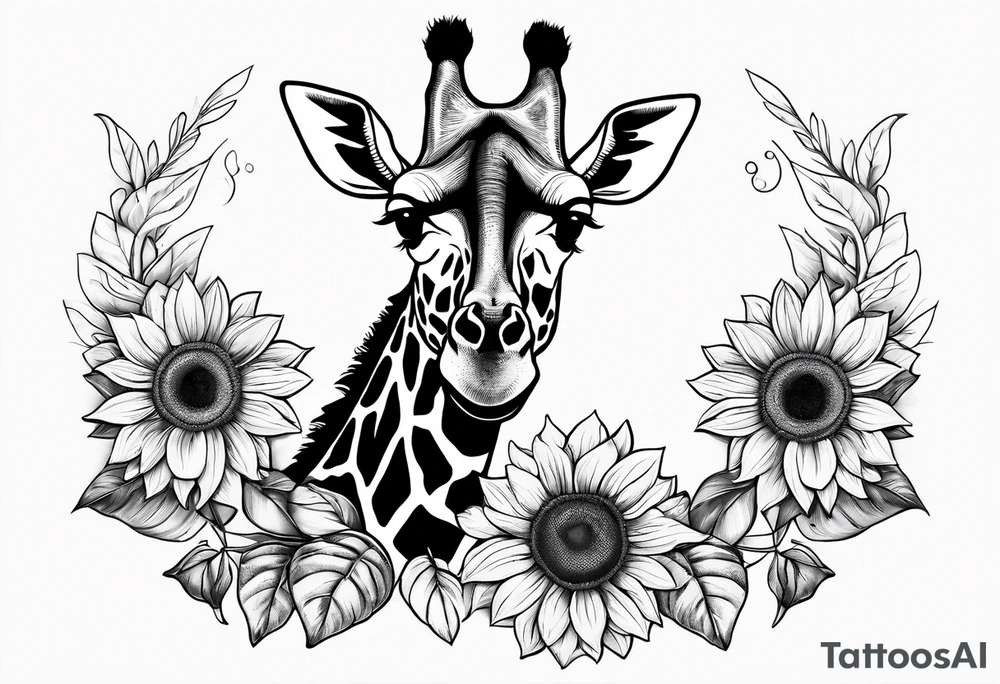 giraffe front view with sunflower and leafs tattoo idea