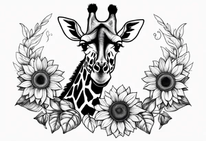 giraffe front view with sunflower and leafs tattoo idea