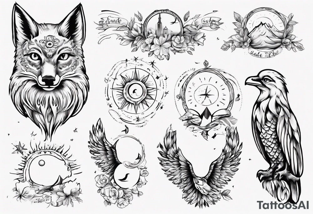 Fuchs und Eule unter der Sonne mit dem Schriftzug Sapere Aude tattoo idea