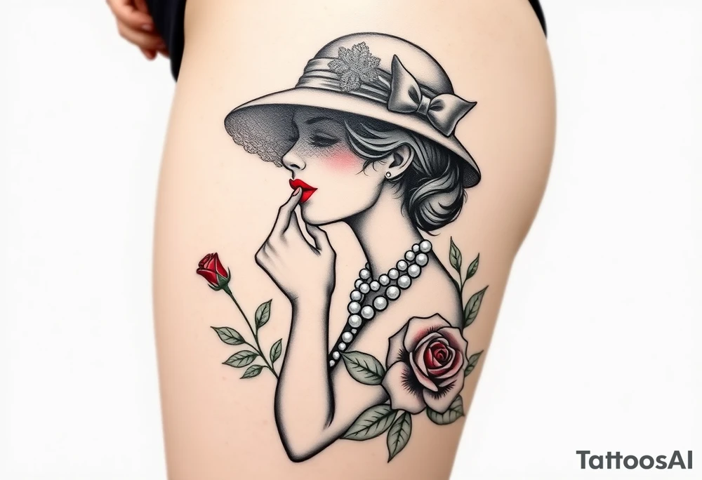 Black and white profile of woman with chin pressed on hand, hat with lace covering her eyes as she looks to the distance
, pearl necklace in her mouth with red lips flowers around her with one red rose standing out thigh tattoo tattoo idea