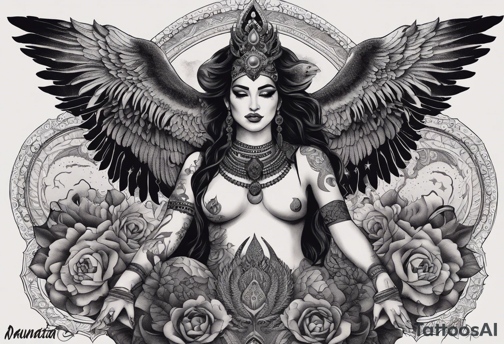 black kali, goddess pirate, alien, angel, pachamama, valkrye, warrior, flying, skull, lotus azul, wing, eagle, zenza resonance, stars, 5D, anahata chakra, death, durga, riding on a tiger, flying lady, kundalini, chest tatoo, samuri, rebel,serpent tattoo idea