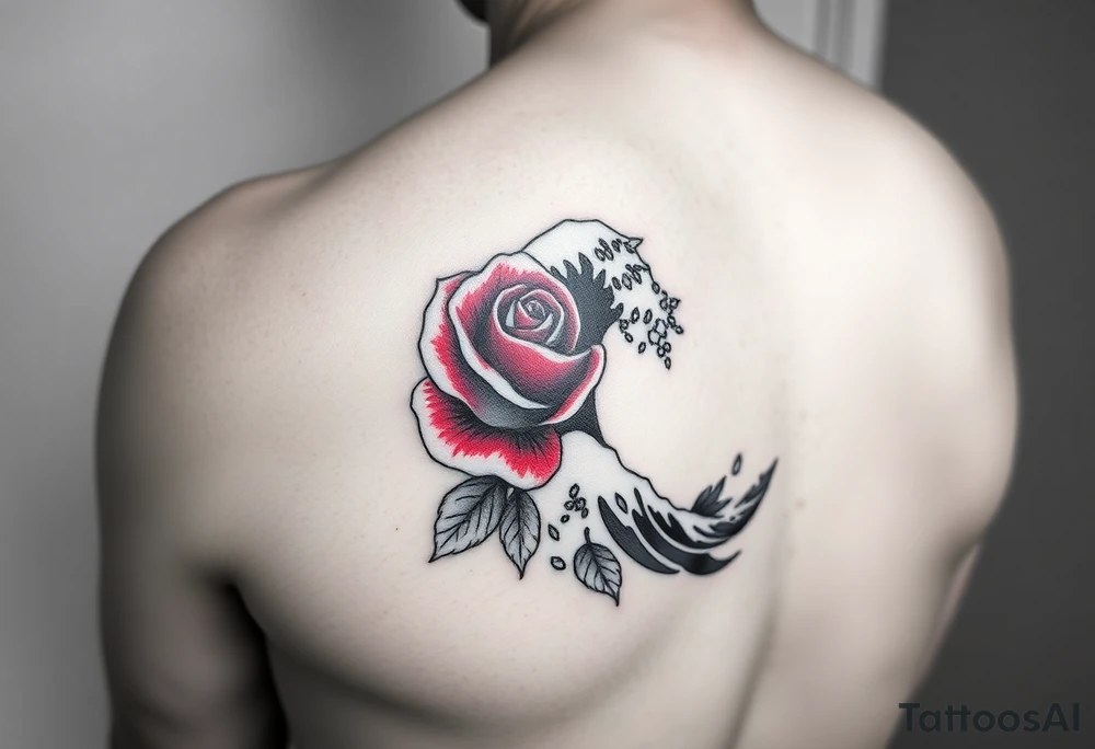 Arm tattoo of a beautiful red rose and incorporate the Great Wave off Kanagawa in black and white. tattoo idea