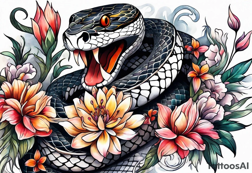 snake and flowers, spine tattoo cover up tattoo idea
