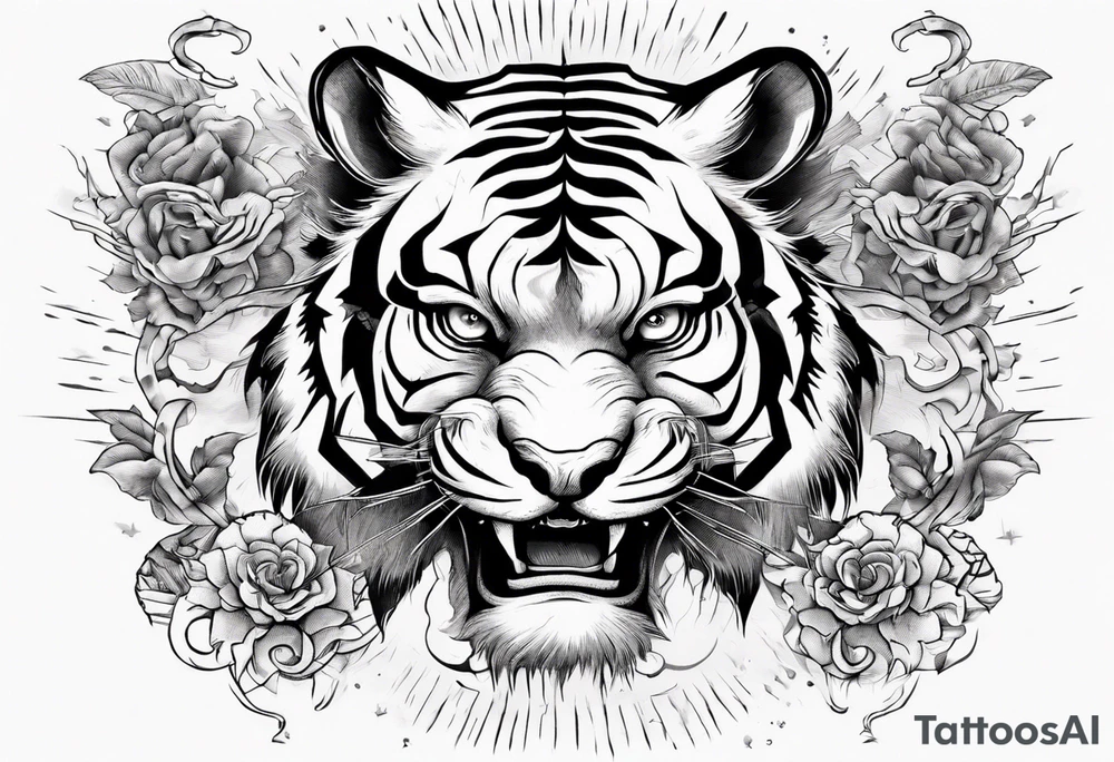 Ancient tiger with lightning and a sun for a forearm sleeve. With patterns surrounding it tattoo idea