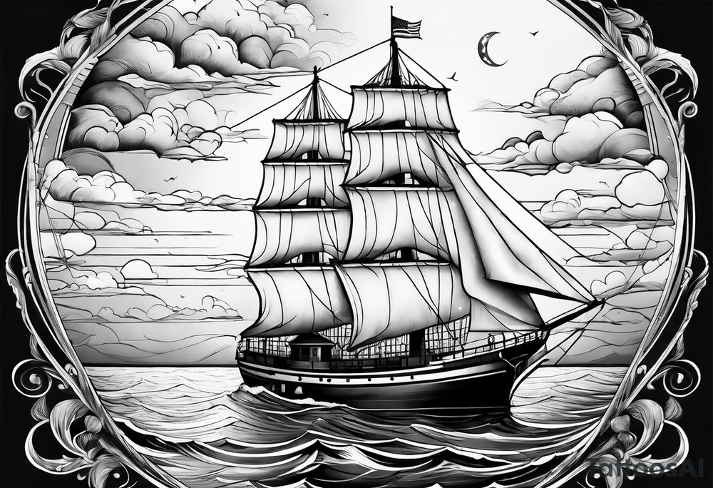 maritime lighthouse partially hidden by its large fixed sail. calm sea reflection. tattoo idea