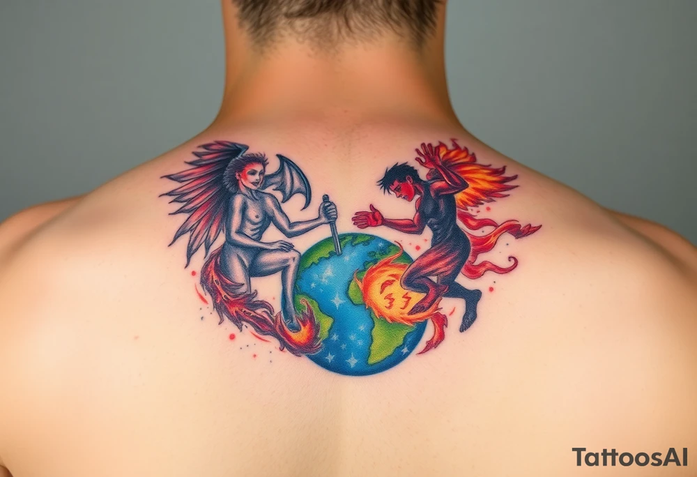 Heaven and hell fighting each other on earth tattoo idea