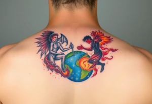 Heaven and hell fighting each other on earth tattoo idea