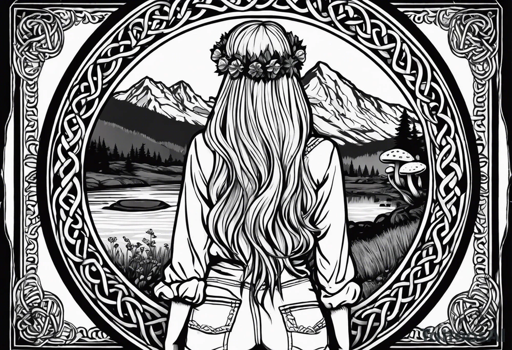 Whole picture encircled fully

Straight long blonde hair hippie girl in distance holding mushrooms in hand facing away toward mountains and creek surrounded by mushrooms long sleeve shirt and hiking pants; whole rendering within a full celtic circle border, no cut off circle tattoo idea