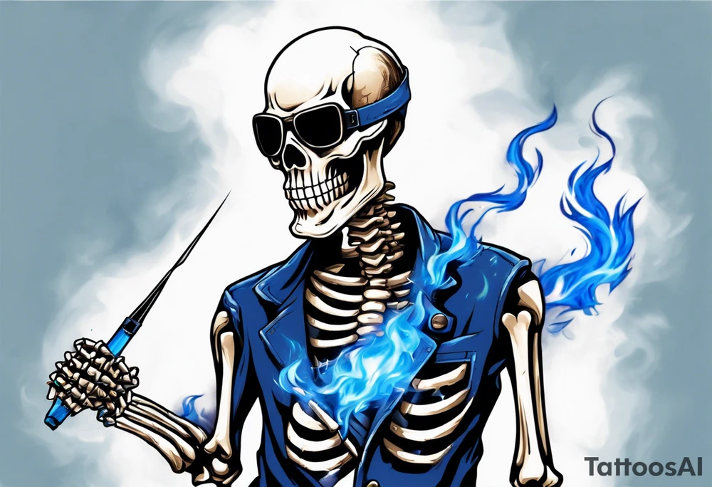 A skeleton welding with blue fire behind, with a welding mask tattoo idea