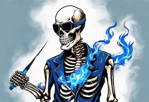 A skeleton welding with blue fire behind, with a welding mask tattoo idea