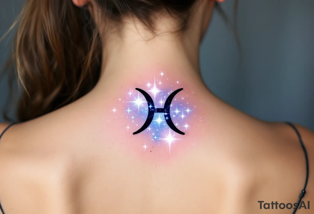 A bold black Pisces sign sits under a glowing gradient of starlight forming the constellation in icy shades. tattoo idea