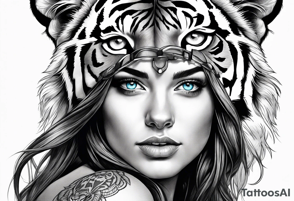 attractive brunette girl with blue eyes with tiger headdress tattoo idea